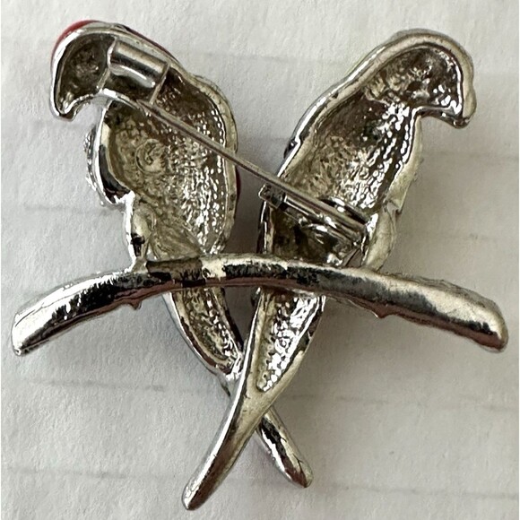 Vintage Enamel and Rhinestone Parrots on Branch Brooch Pin 1.5 x 1.5" Tropical - Picture 4 of 6